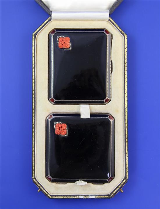 A cased 1930s Art Deco Asprey & Co engine turned silver and two colour enamel compact and matching cigarette case, compact 3in.